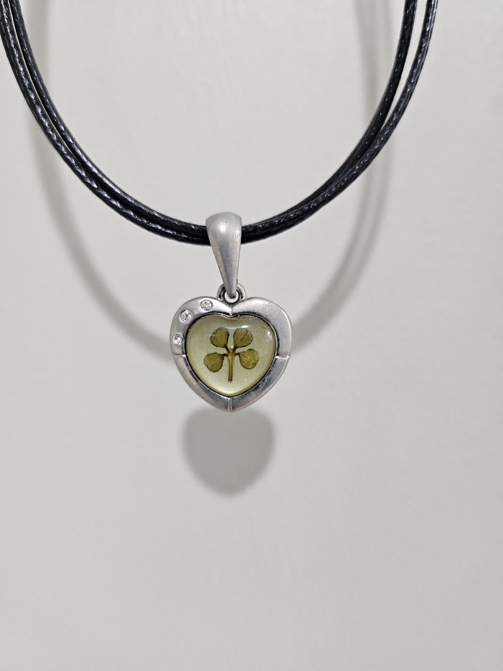 Heart Pendant Necklace with Pressed Four-Leaf Clover - Silver Tone, Green Accent